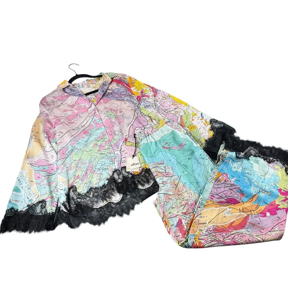 ME369 Mila Lace Button Down Top & Cora Pants Size Map Print XS Matching Set